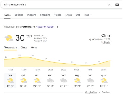 Print de informações sobre o clima na página de resultados do Google