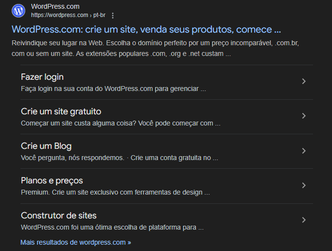 Print WordPress mostrando vários outros links do site na Serp do Google 