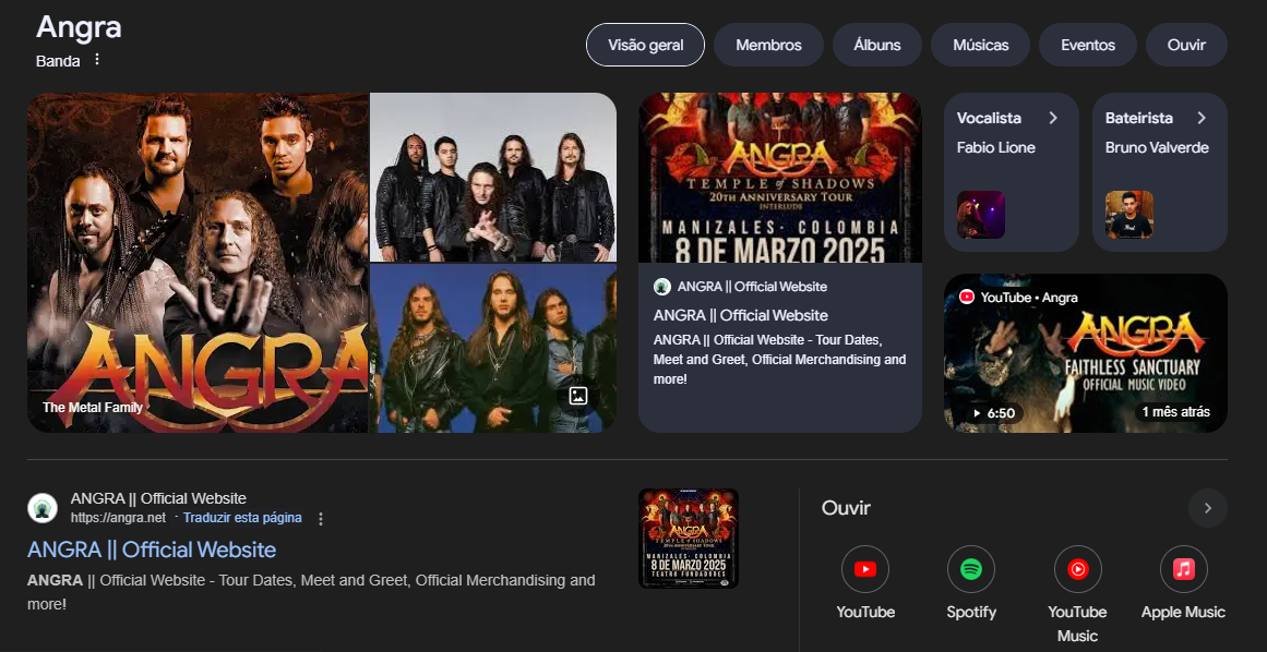 Print de informações gerais da banda Angra na Serp do Google