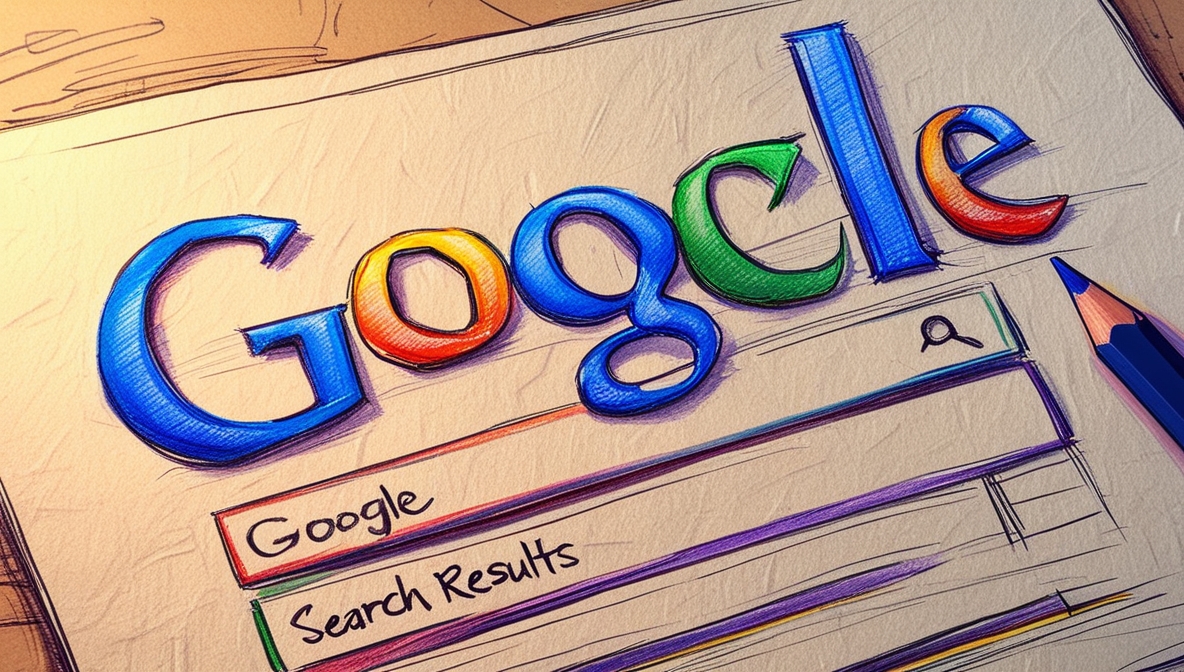 Imagem em IA de uma ilustração da página principal do google, com um lápis de cor ao lado