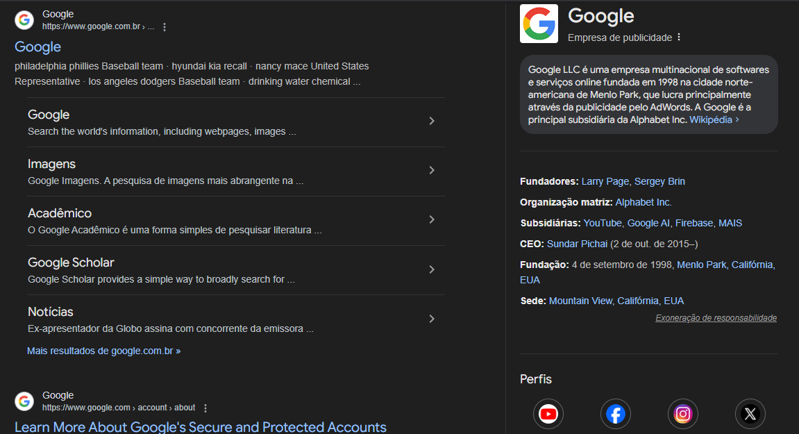 Print do site do Google mostrando a logo da empresa e informações gerais na Serp do próprio Google  