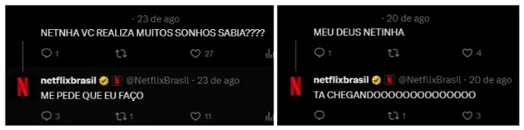 Prints de dois tweets da Netflix se comunicando com os usuários com o seu estilo despojado e divertido