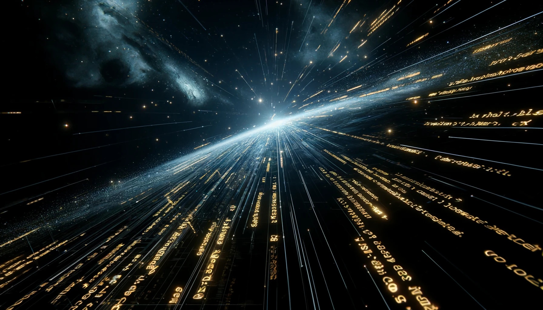 Ilustração IA do espaço com o horizonte cheio de linhas de código HTML
