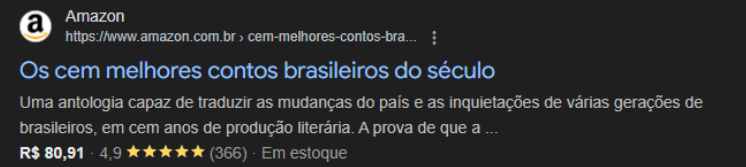 Print página Amazon com os 100 melhores contos brasileiros na Serp go Google