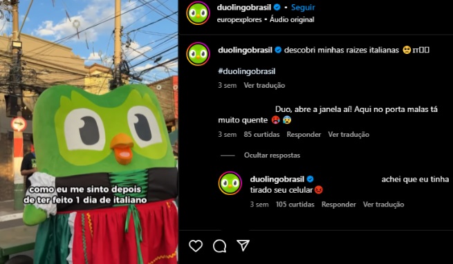Print de uma troca de mensagem da Duolingo no instagram com um seguidor