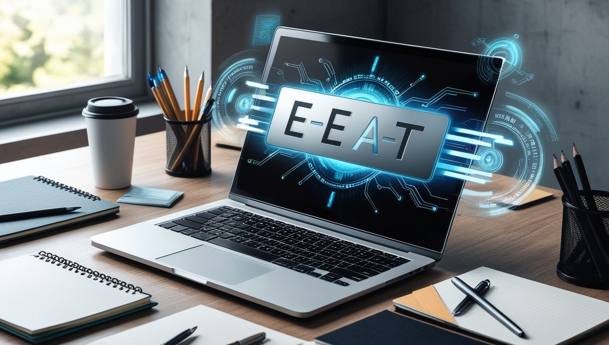 Imagem em IA de um notebook sobre uma mesa. Da tela sai em projeção a sigla EEAT