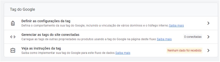 Print da tela de definição de tags do Analytics