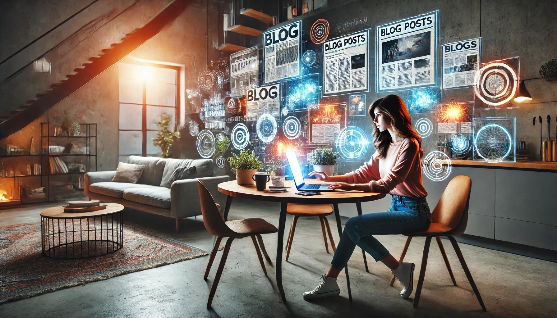 Ilustração em IA de uma mulher sentada em uma mesa na sala, usando um notebook e várias telas projetadas na parede