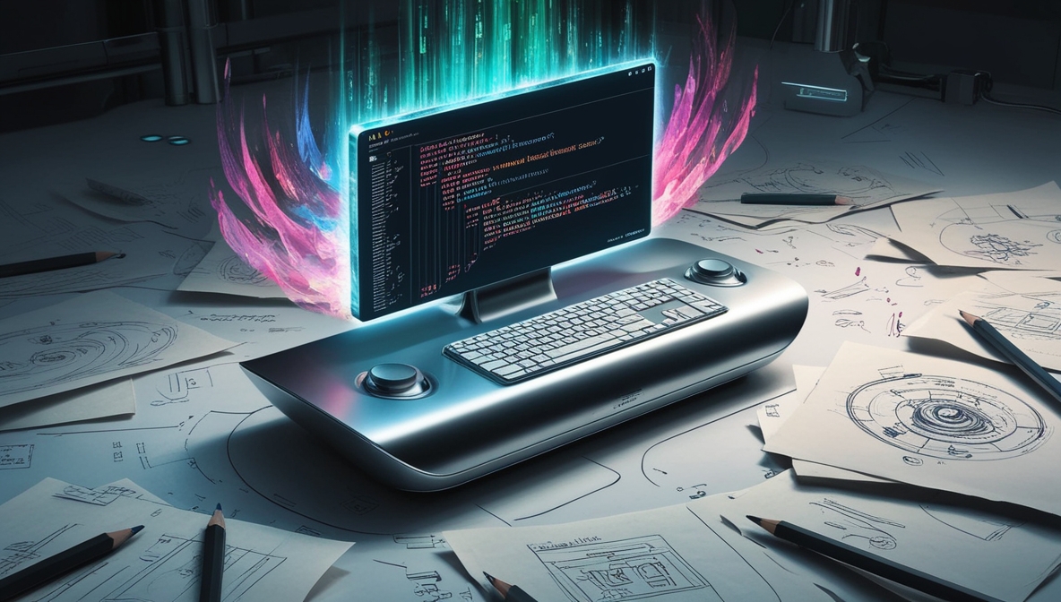 Imagem em IA de um computador estilo futurista com um código html na tela, com chamas virtuais saindo do computador