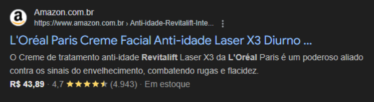 Print da Amazon mostrando um produto da L'Oreal na Serp do Google