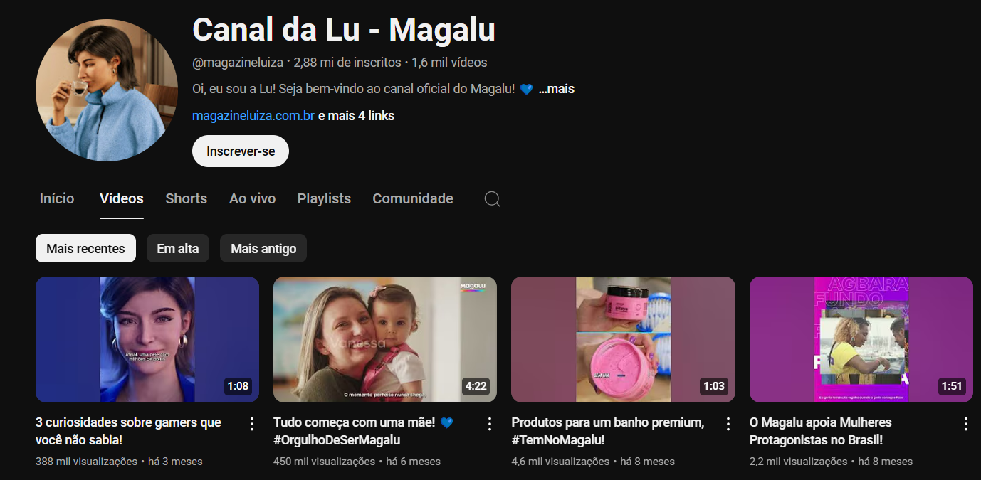 Print do canal de youtube do Magazine Luiza, chamado Canal da Lu