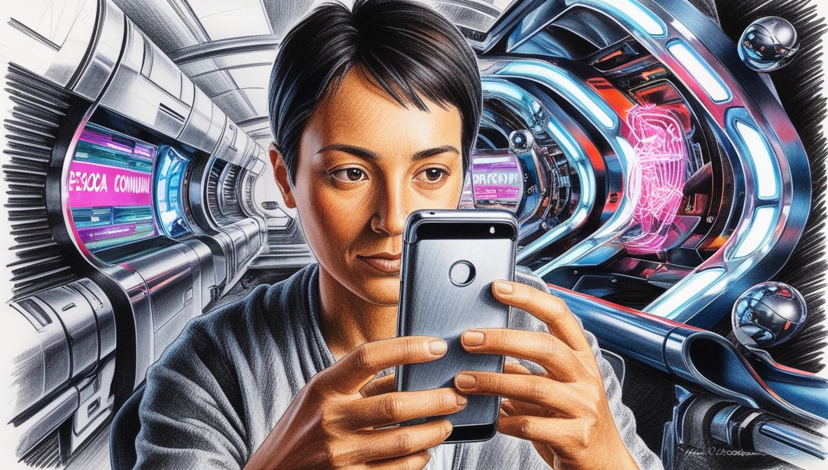 Imagem em IA de uma mulher segurando e olhando para um smartphone em um corredor que parece ser de um laboratório