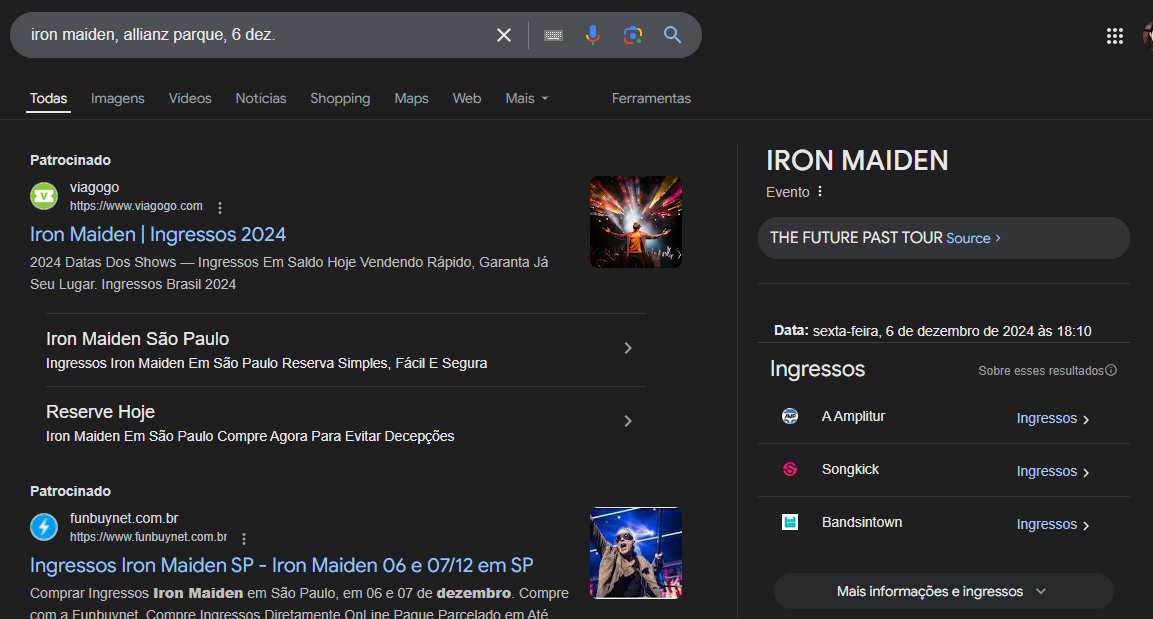Print do resultado com sites voltados ao show do Iron Maiden