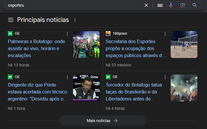 Print de artigos relacionados a esportes na Serp do Google