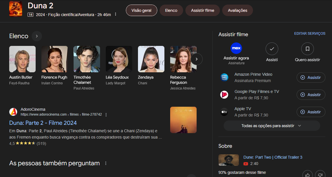Print de informações como elenco, sinopse e onde assistir o filme Duna 2 na Serp do Google