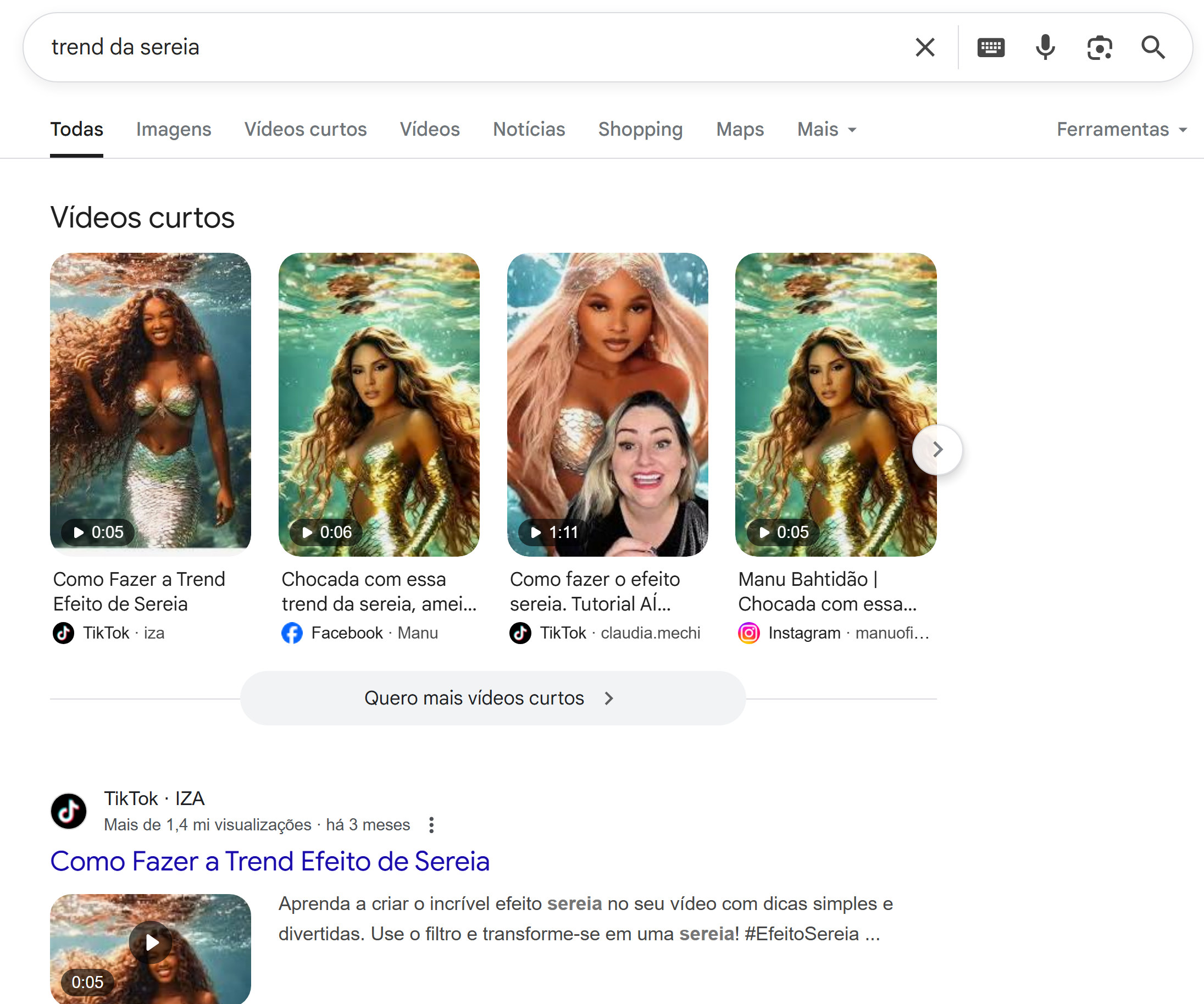 Print da pesquisa do Google mostrando a Trand da sereia e várias publicações repetindo a trend