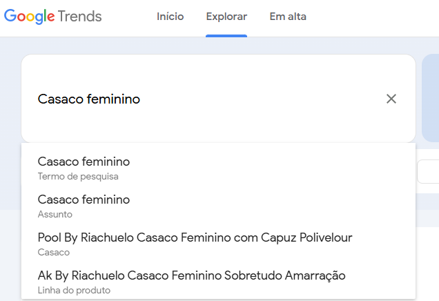 Print da pesquisa para casaco feminino, dentro da aba explorar do Google Trends