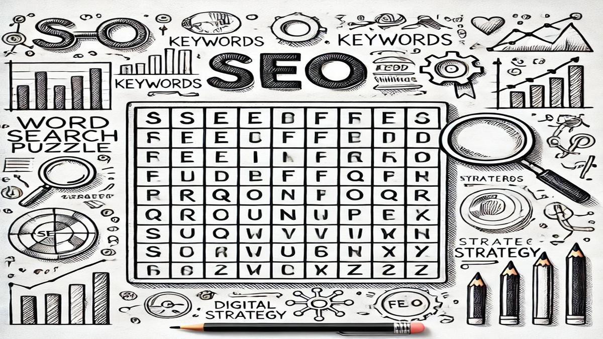 Imagem em IA de um quadro de caça-palavras com elementos referentes ao SEO ao redor como gráficos e lupas