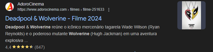 Print do site Adoro Cinema mostrando a avaliação do Filme Deadpool e Wolverine na Serp do Google