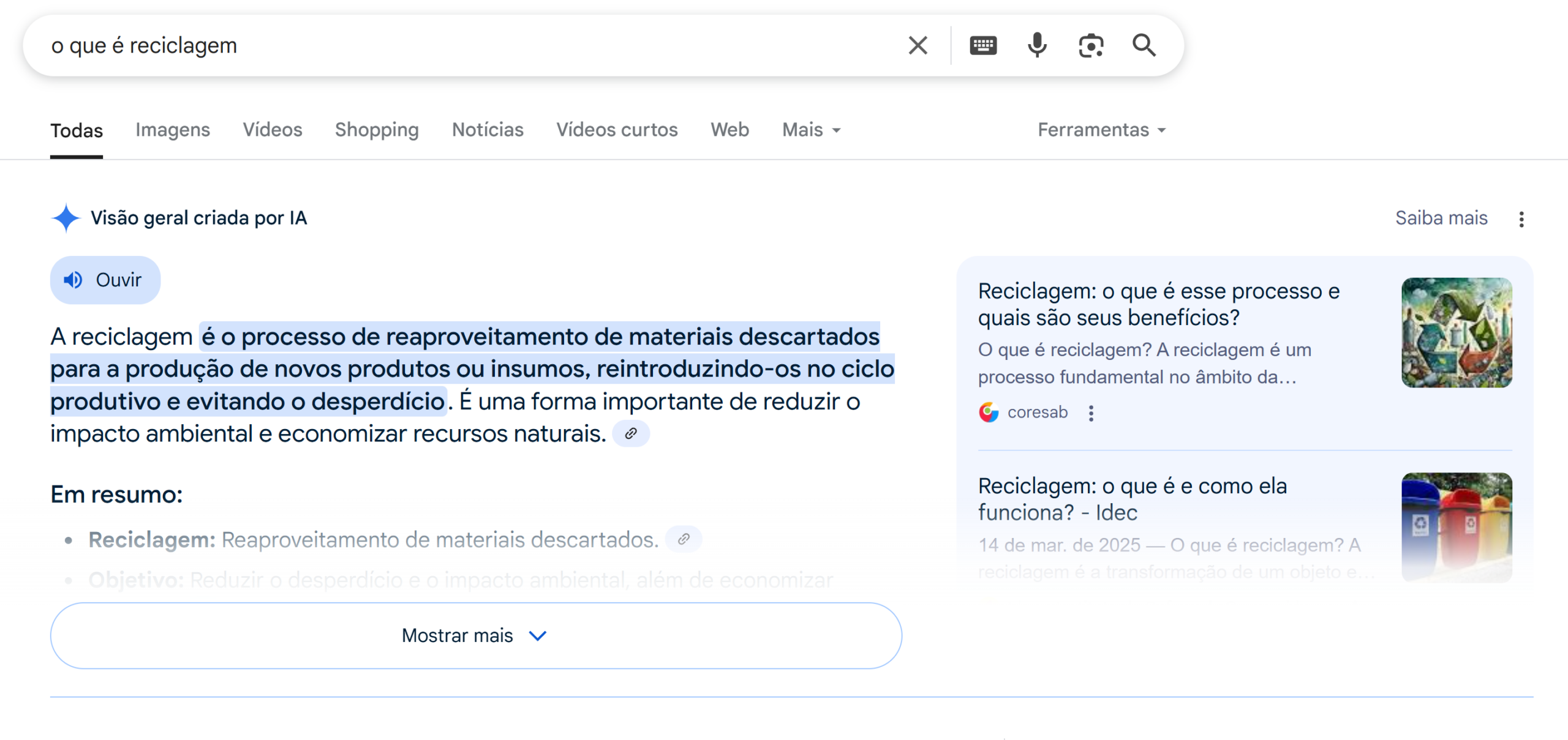 Print de uma resposta do IA Overview sobre o que é reciclagem