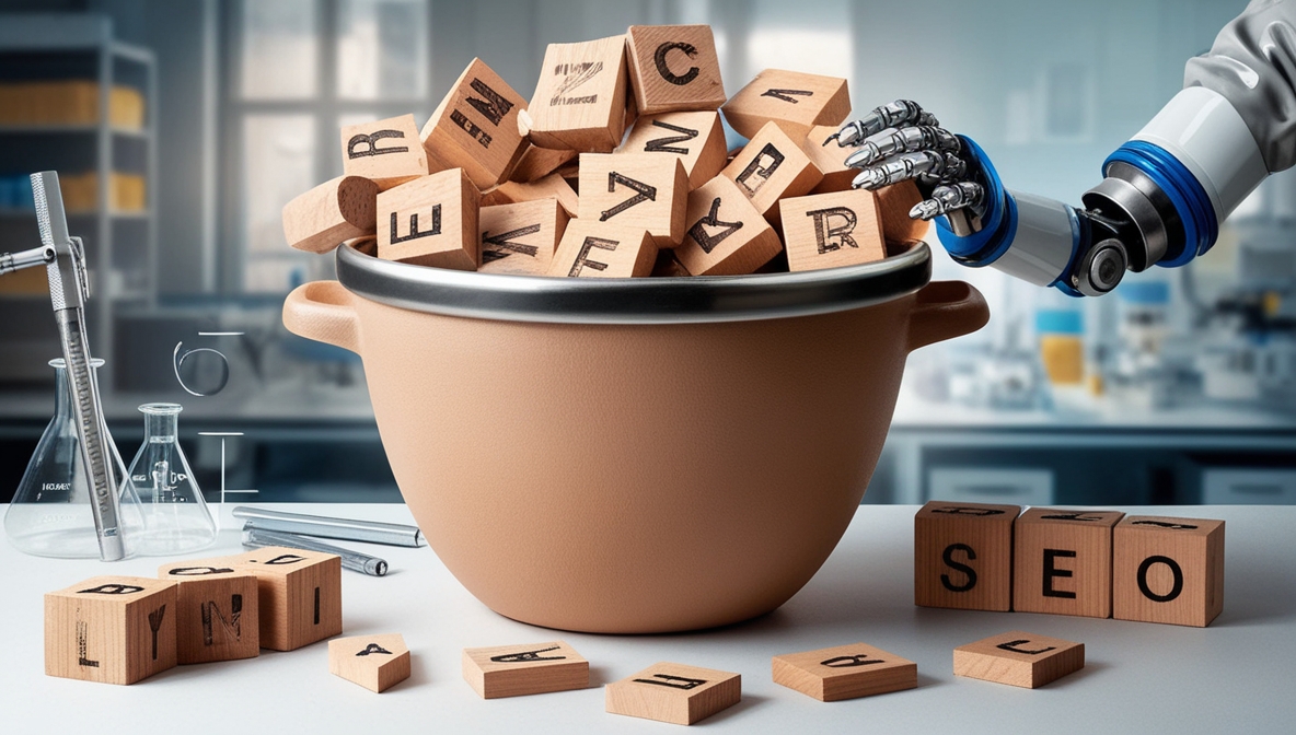 Imagem em IA de um pote cheio de pequenos cubos de madeira com letras impressas, com um braço robótico segurando uma da peças