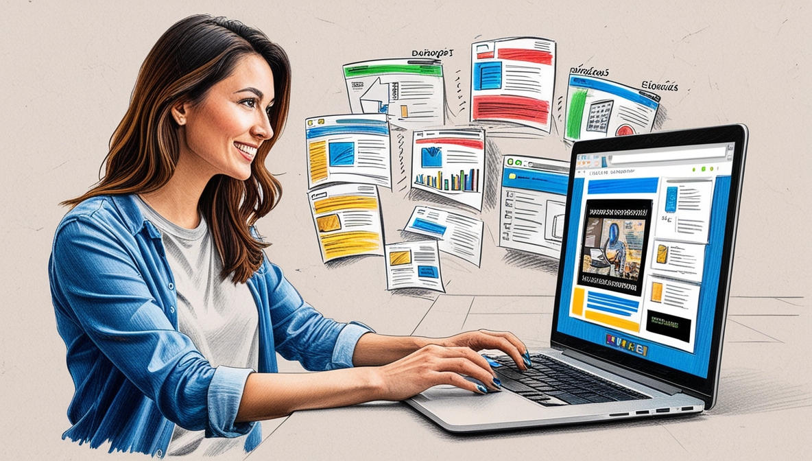 Imagem em IA de uma mulher cirando um blog em um computador e várias páginas desse blog saindo da tela