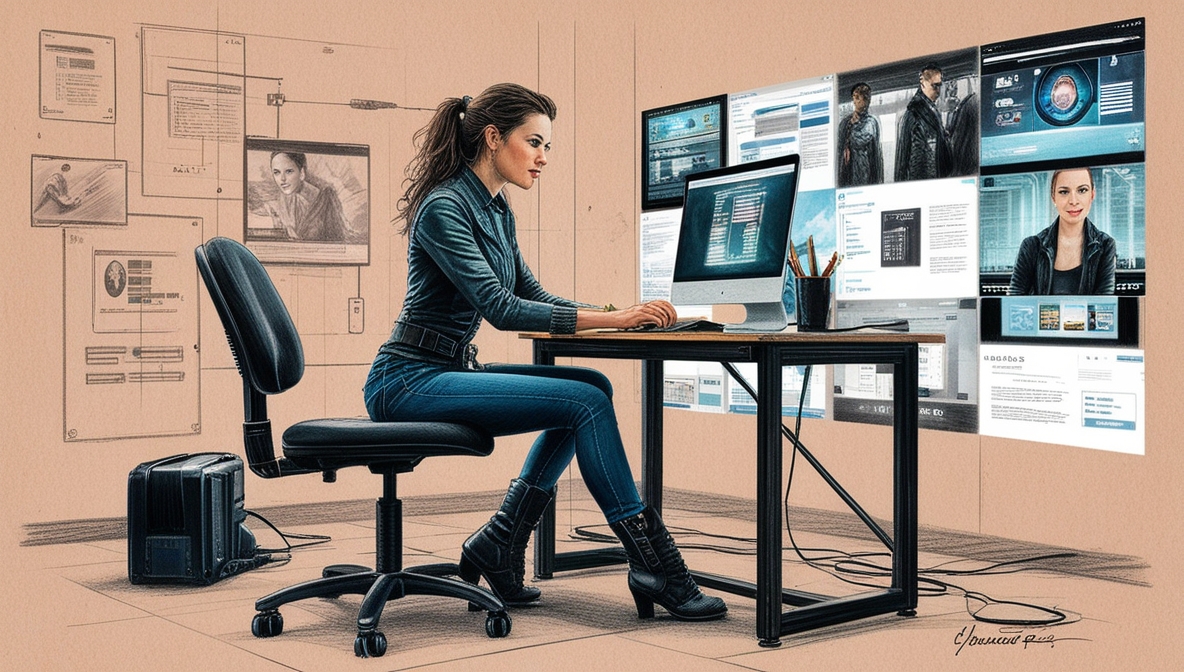 Ilustração em IA de um mulher sentada em uma mesa produzindo conteúdo e várias telas de textos e vídeos projetados na parede