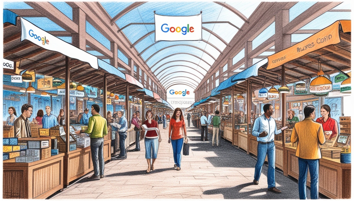 Imagem em IA de uma feira com várias barracas sendo visitadas por pessoas e uma faixa do Google amarrada na entrada