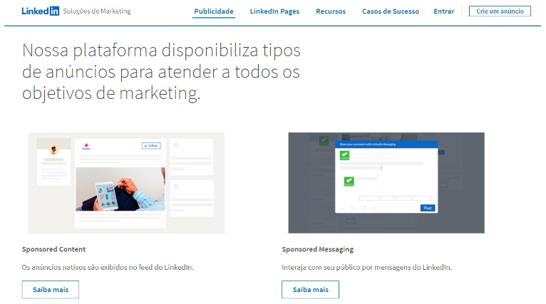 Print Screen da página de entrada do Linkedin ads.