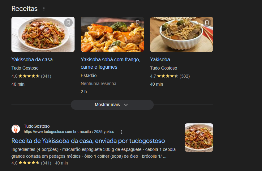 Print da Serp do Google mostrando resultados para receitas de Yakissoba