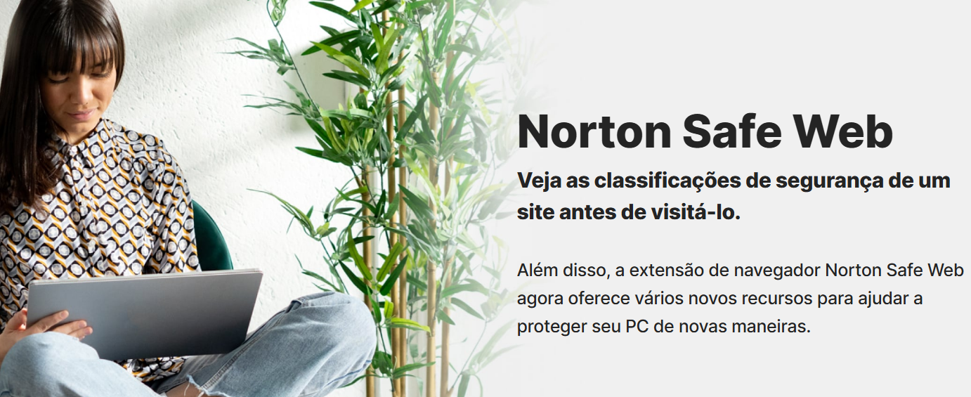 Print da home da Norton Secured com um mulher segurando um notebook e informações sobre o produto