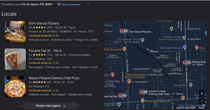 Print do Google mostrando lista com mapa de pizzarias em Foz do Iguaçu