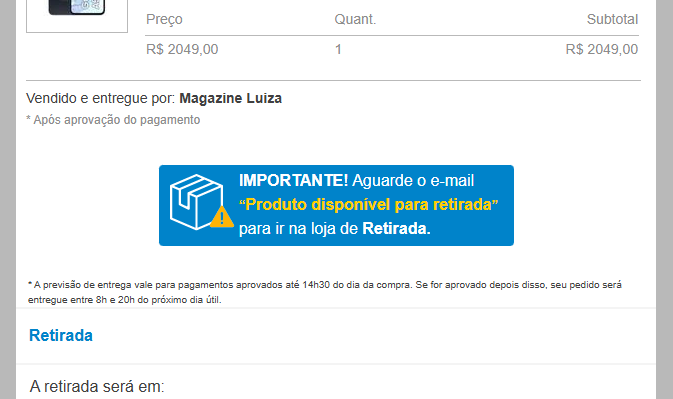 Print da continuação do e-mail, com informações sobre o pedido