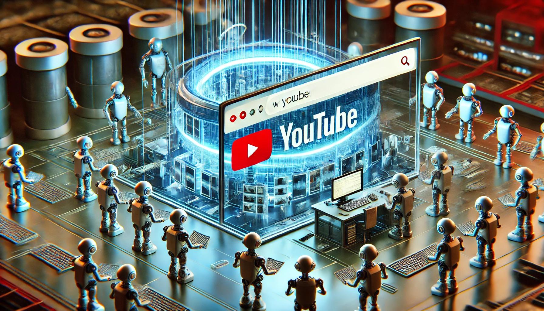 Robôs parados em frente a uma tela digital com o símbolo do Youtube
