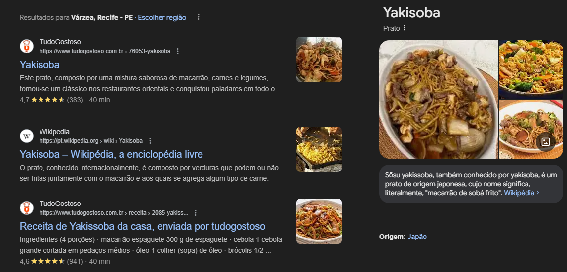Print do resultado de uma busca sobre receita de yakisoba no desktop