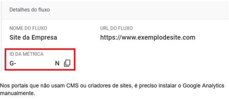 Print da tela de fluxo do Analytics, com detalhe vermelho ao redor da parte de ID da Métrica