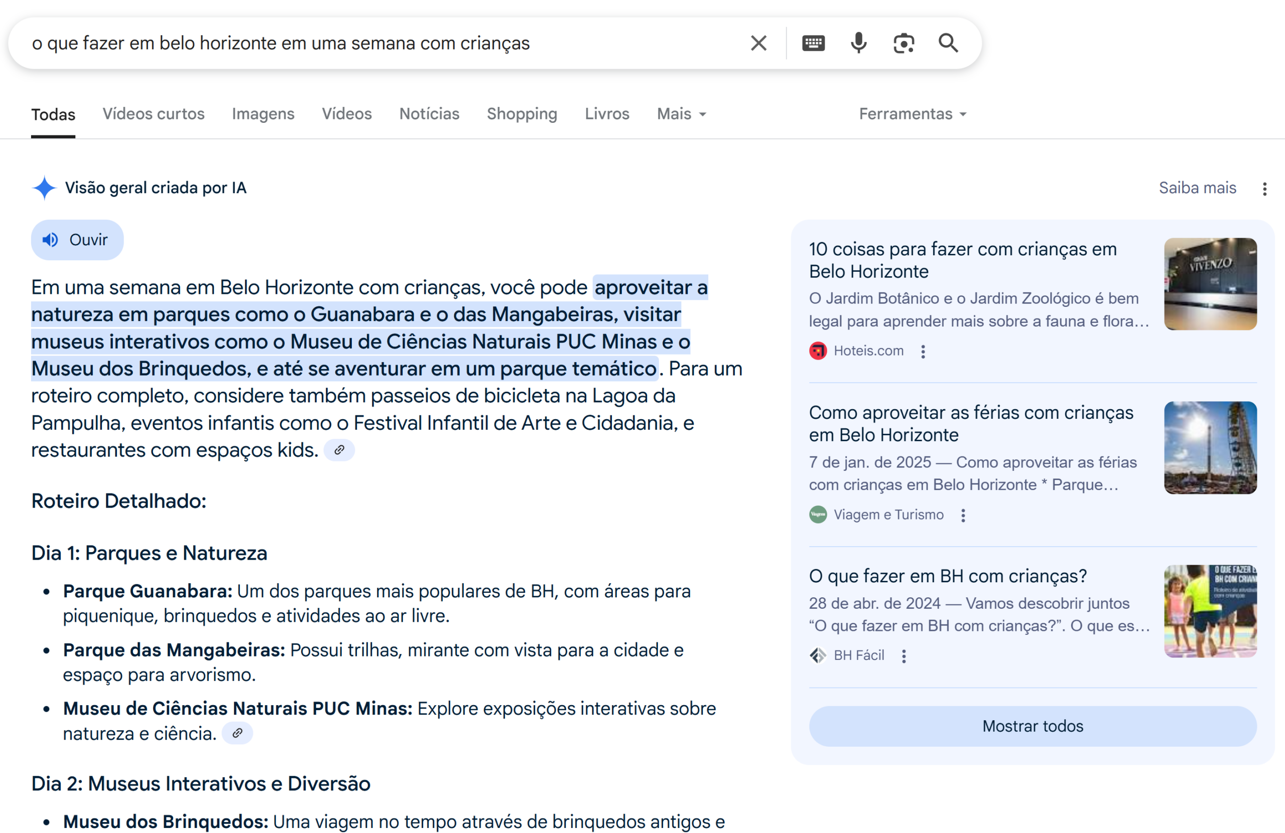 Print do resumo automático mostrando roteiro completo sobre o que fazer em BH com crianças