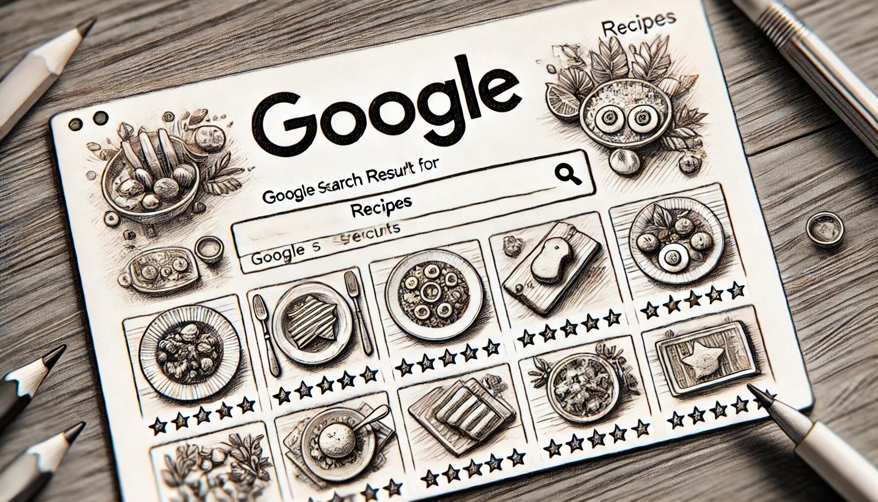 Ilustração em IA de uma página do Google desenhada com várias imagens de snippet de receitas