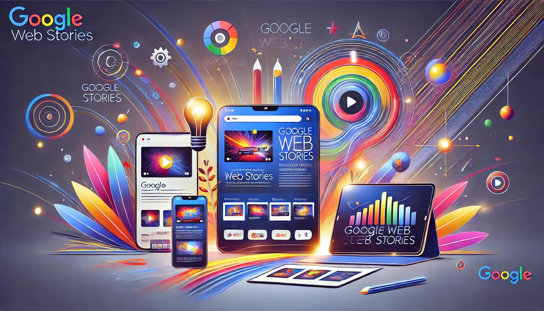 Imagem em IA de um tablet, um notebok e um celular mostrando stories do Google Web Stories