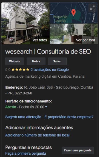 Print do Google mostrando o perfil da Wesearch no GMB
