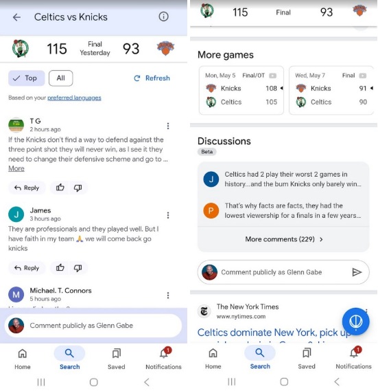 Print de um snipet do Google com informações sobre jogos das NBA