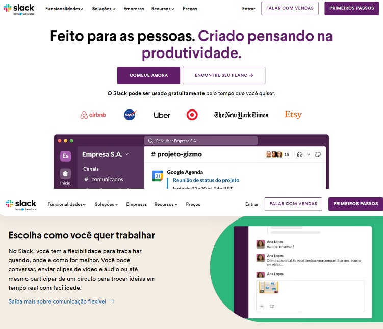 Print da tela da Slack mostrando prova social com depoimentos e pontos positivos do produto