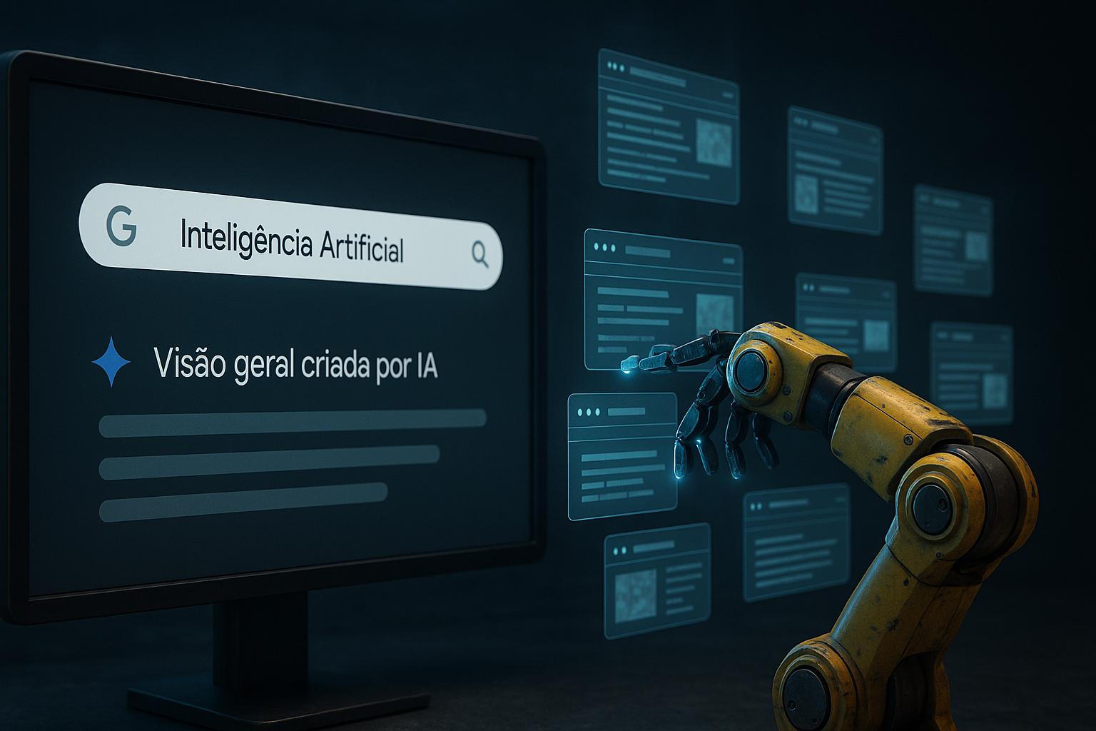 Ilustração em IA de um braço robótico  tocando em telas que serão escolhidas para virar um resumo automático na tela do AI Overview