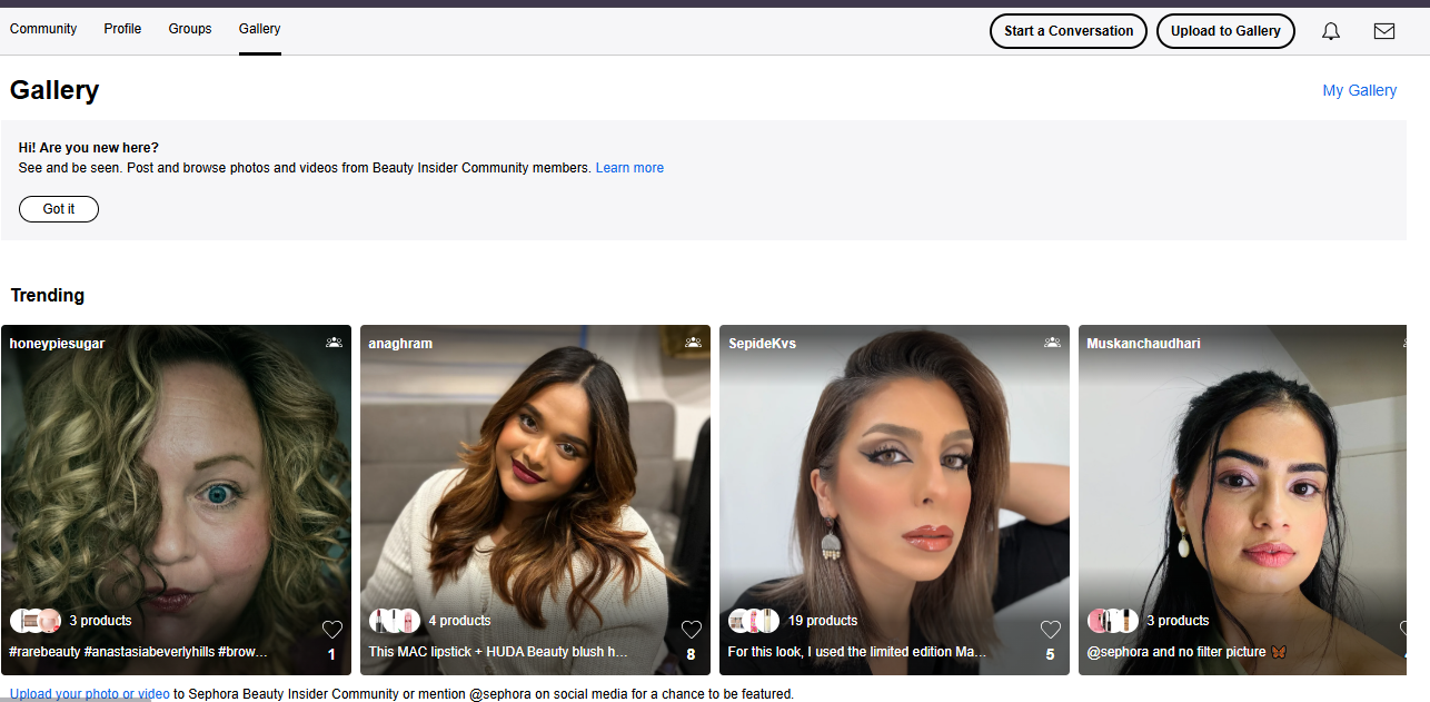 Print do site da Sephora mostrando a galeria de videos e fotos de pessoas que usam os produtos e compartiham nas redes