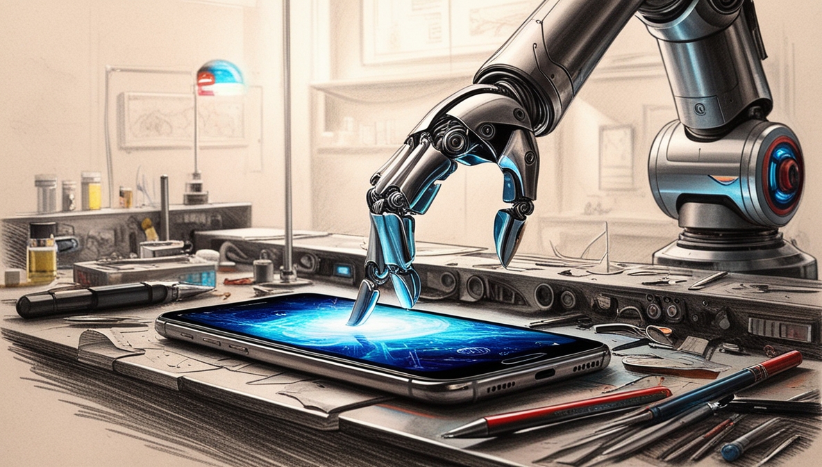 Imagem em IA de um braço robótico tocando a tela de um celular sobre uma mesa de laboratório