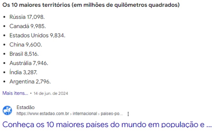 Print do Google mostrando os maiores países em território