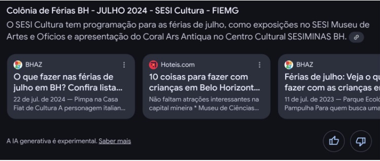 Print do Google com a inteligência artificial mostrando resultado de colônias de férias em BH