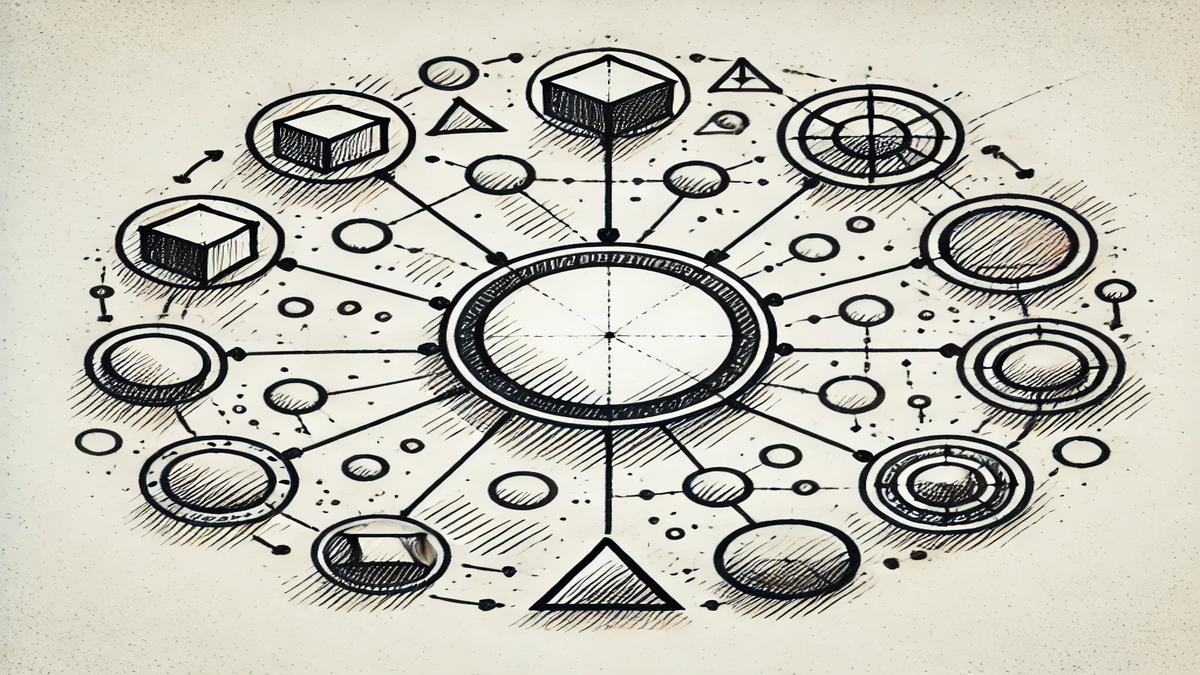 Imagem em IA de um círculo central fazendo conexões com vários outras formas geométricas