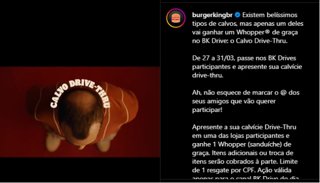Print da propaganda do Burguer King no instagram, pra campanha de dia dos pais fazendo uma brincadeira com homens carecas