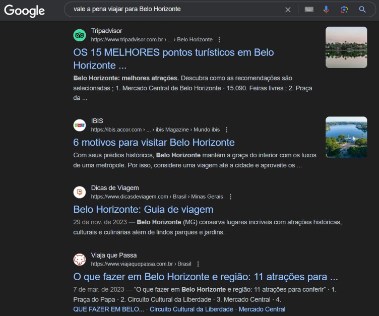 Print Google com os resultados para a busca sobre viajar para Belo Horizonte